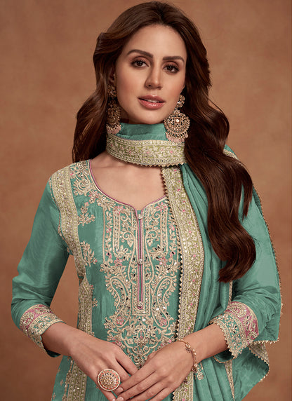 Turquise  Shimmer Silk Embroidery Work Festival Wear Readymade Plazzo Suit SW660644