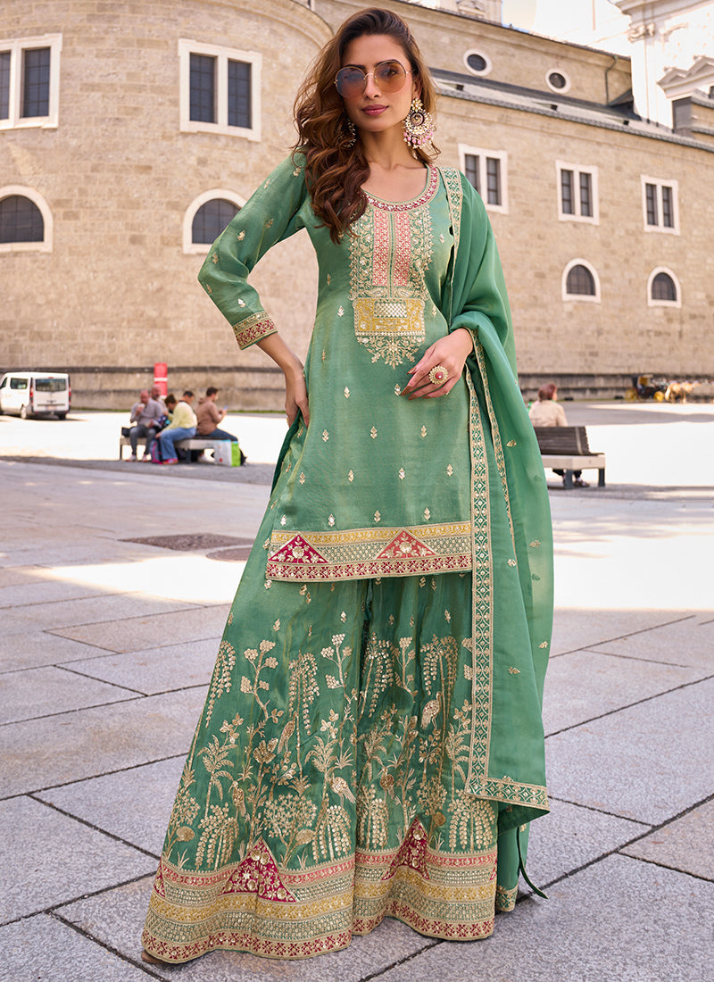 Turquise  Shimmer Silk Embroidery Work Occasional Wear Readymade Plazzo Suit SW784808