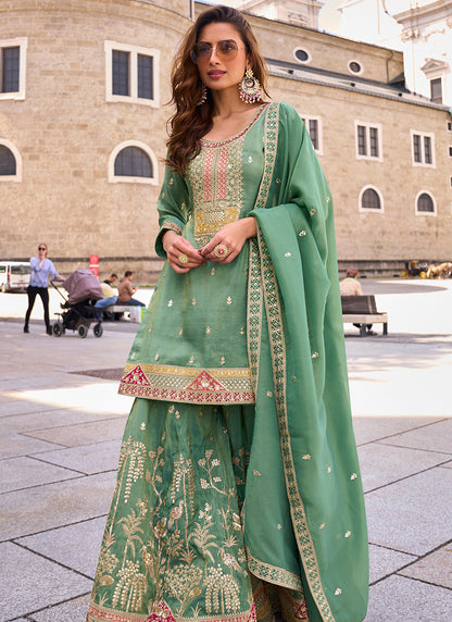 Turquise  Shimmer Silk Embroidery Work Occasional Wear Readymade Plazzo Suit SW784808