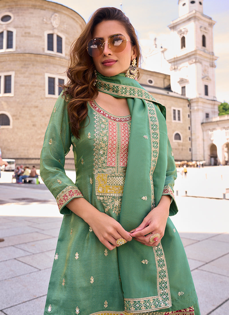 Turquise  Shimmer Silk Embroidery Work Occasional Wear Readymade Plazzo Suit SW784808