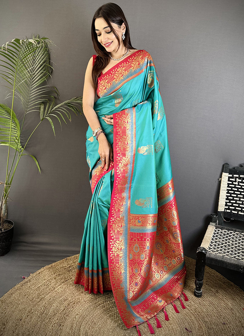 Banarasi Silk Turquoise Festival Wear Weaving Work Saree 387971