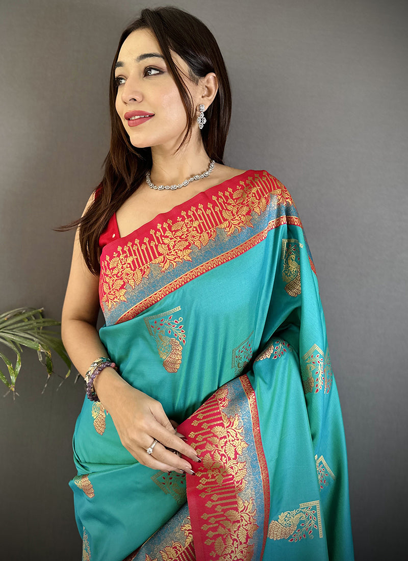 Banarasi Silk Turquoise Festival Wear Weaving Work Saree 387971