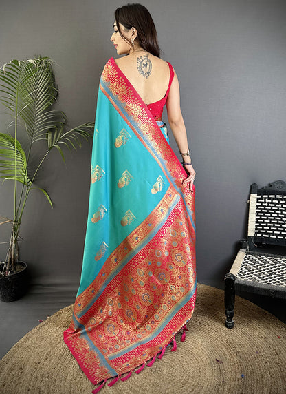 Banarasi Silk Turquoise Festival Wear Weaving Work Saree 387971
