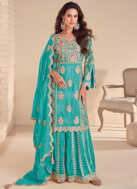 Turquoise Blue  Shimmer Embroidery Work Party Wear Readymade Plazzo Suit SW988898