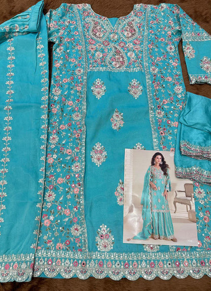 Turquoise Blue  Shimmer Embroidery Work Party Wear Readymade Plazzo Suit SW988898