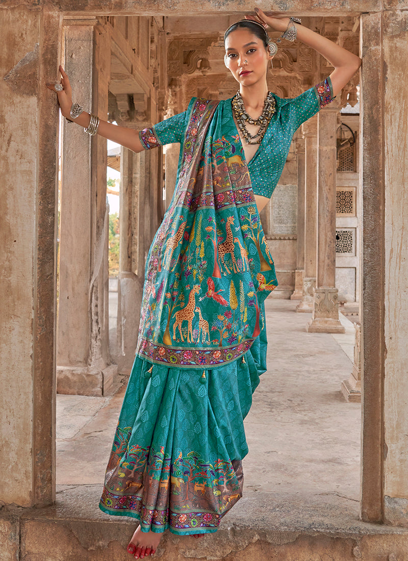 Pv Silk Turquoise Blue Saree with Printed Work for Designer Wear 385132