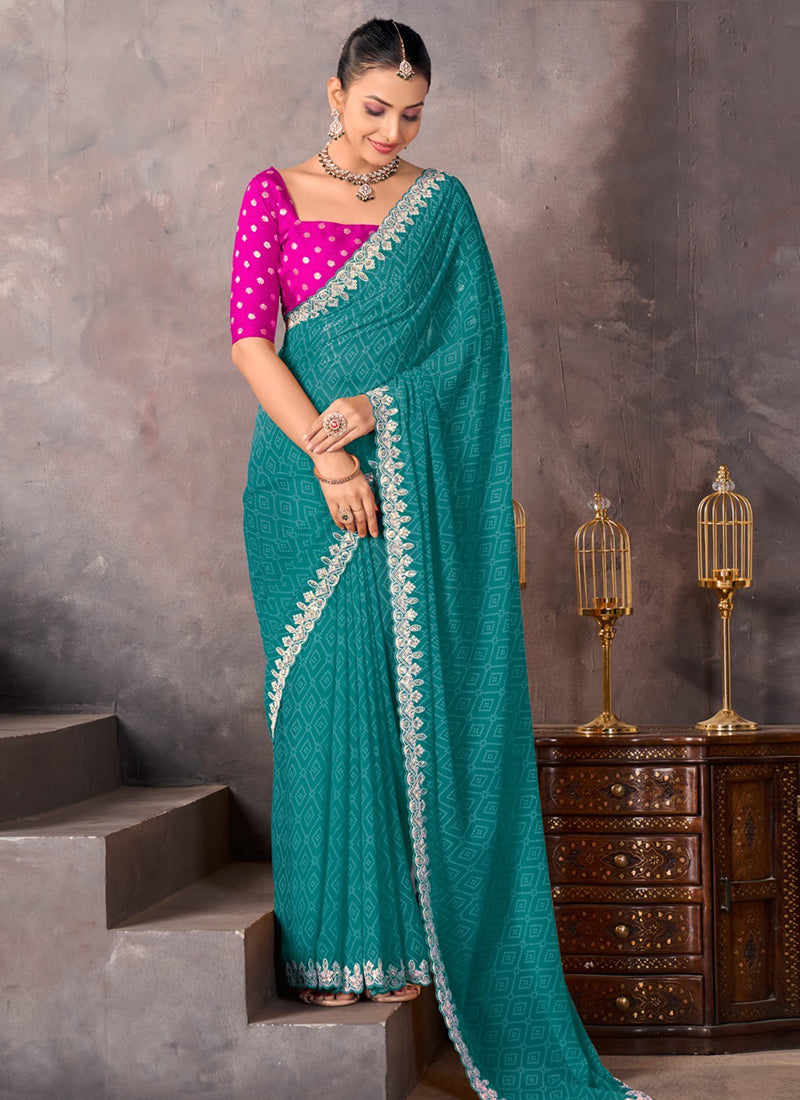 Georgette Turquoise Blue Saree with Embroidery Work for Daily Wear 382816