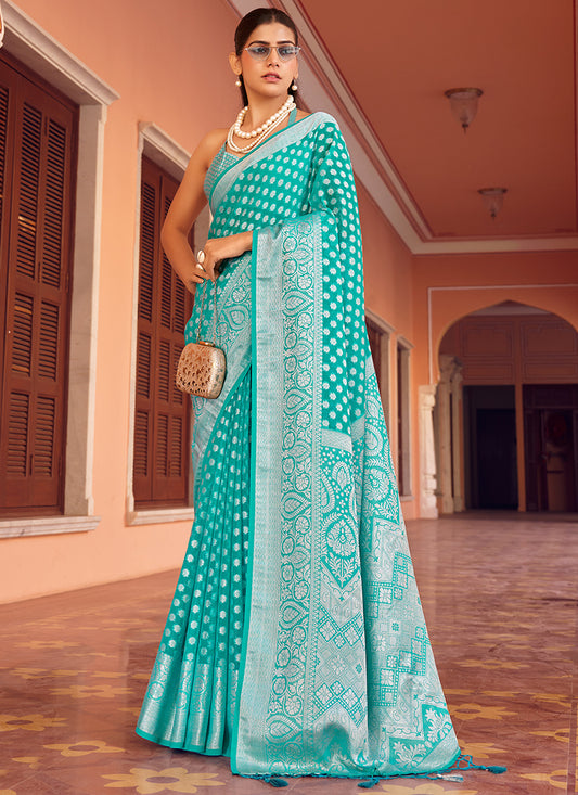 Georgette Turquoise Saree with Printed Work for Festival Wear 379800
