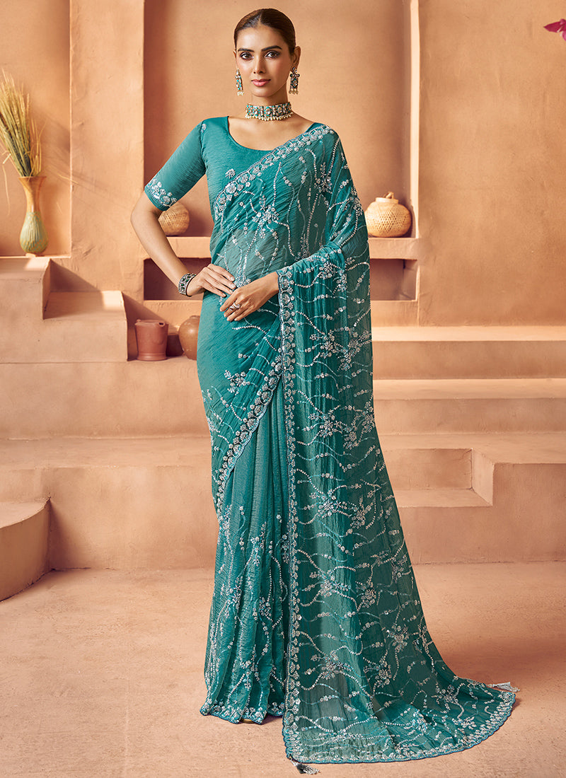 Tissue Turquoise Green Saree with Sequin Work for Wedding Wear 381709