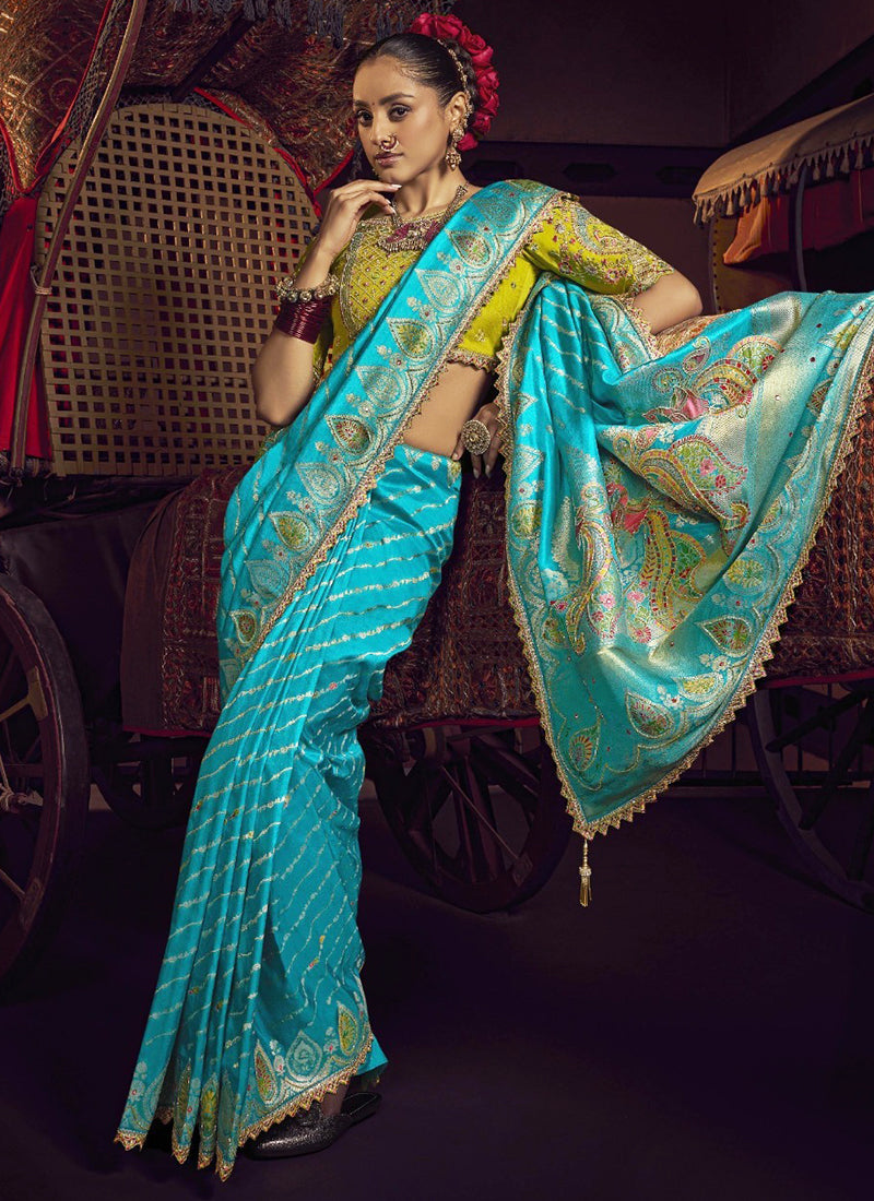 Pure Viscose Turquoise Blue Saree with Weaving Work for Bridal Wear 380838