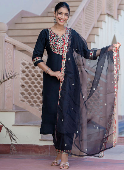 Silk Blend Black Casual Wear Embroidery Work Readymade Kurti Pant With Dupatta 384247