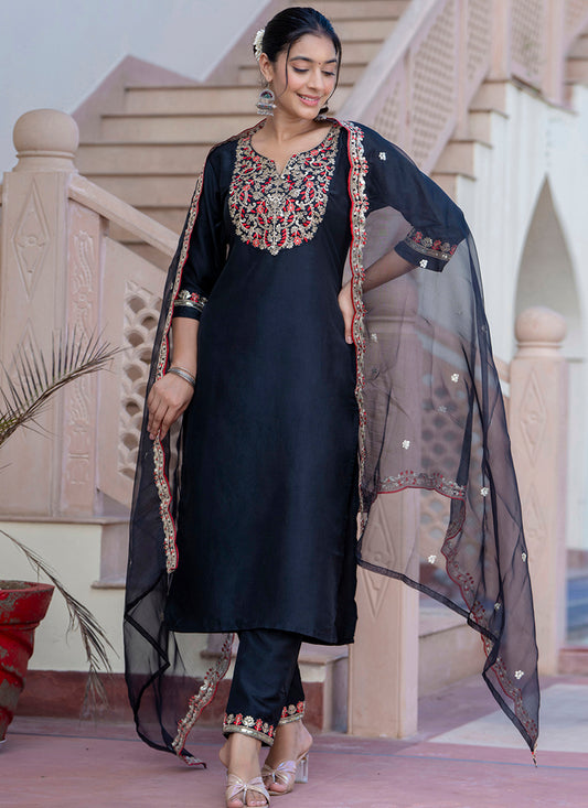 Silk Blend Black Casual Wear Embroidery Work Readymade Kurti Pant With Dupatta 384247