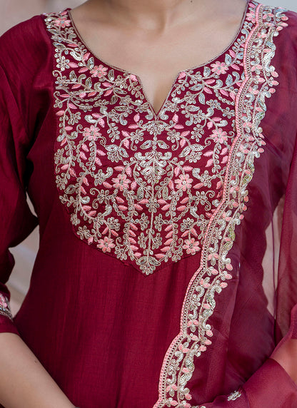 Silk Blend Maroon Casual Wear Embroidery Work Readymade Kurti Pant With Dupatta 384248