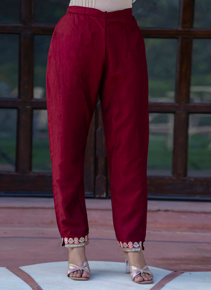 Silk Blend Maroon Casual Wear Embroidery Work Readymade Kurti Pant With Dupatta 384248