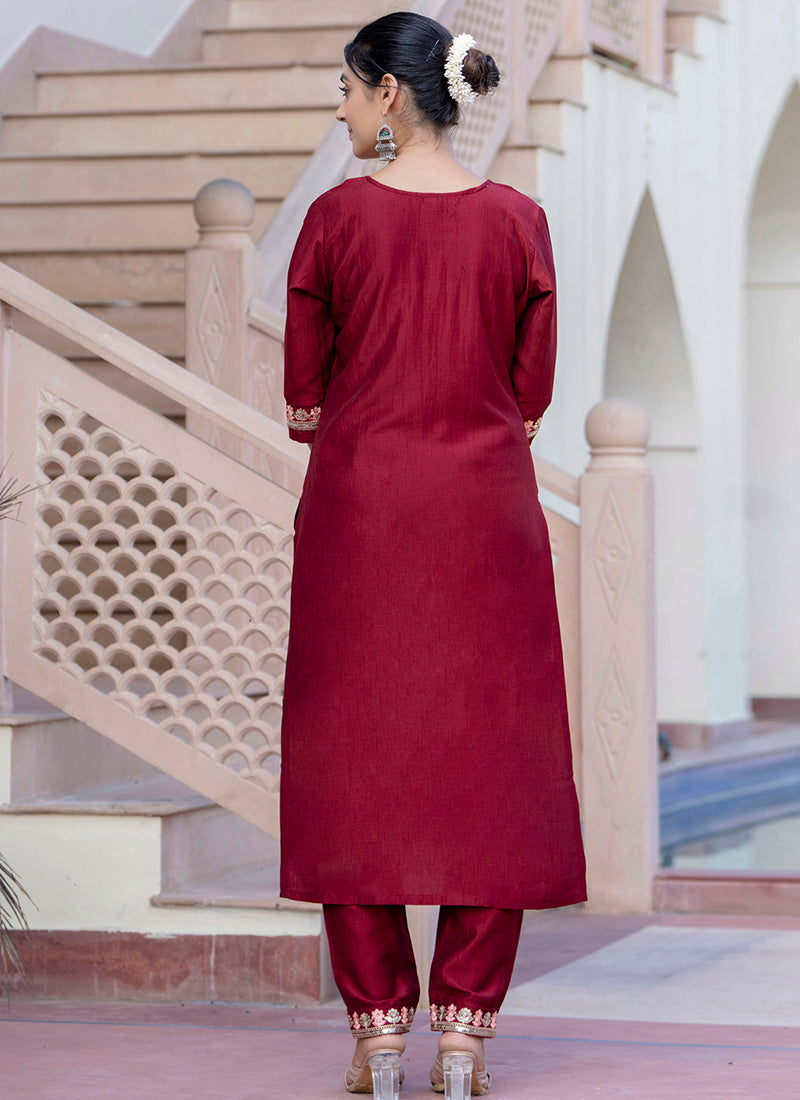 Silk Blend Maroon Casual Wear Embroidery Work Readymade Kurti Pant With Dupatta 384248