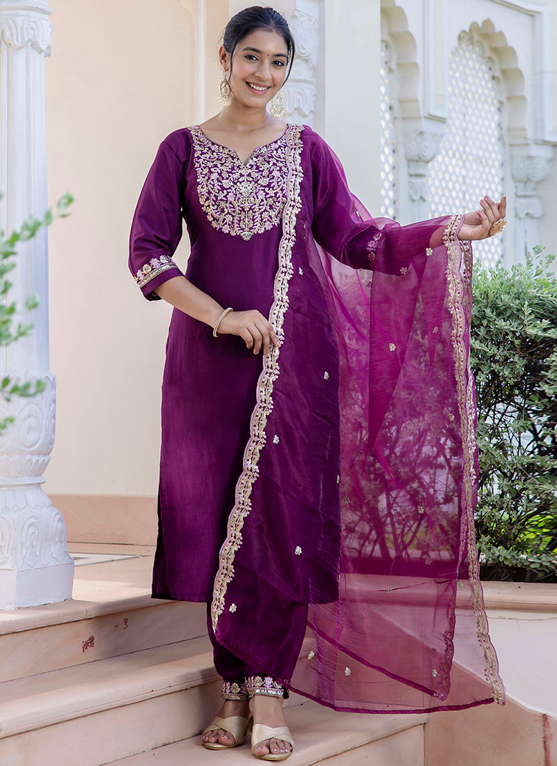 Silk Blend Magenta Casual Wear Embroidery Work Readymade Kurti Pant With Dupatta 384249