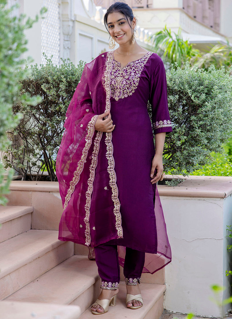 Silk Blend Magenta Casual Wear Embroidery Work Readymade Kurti Pant With Dupatta 384249