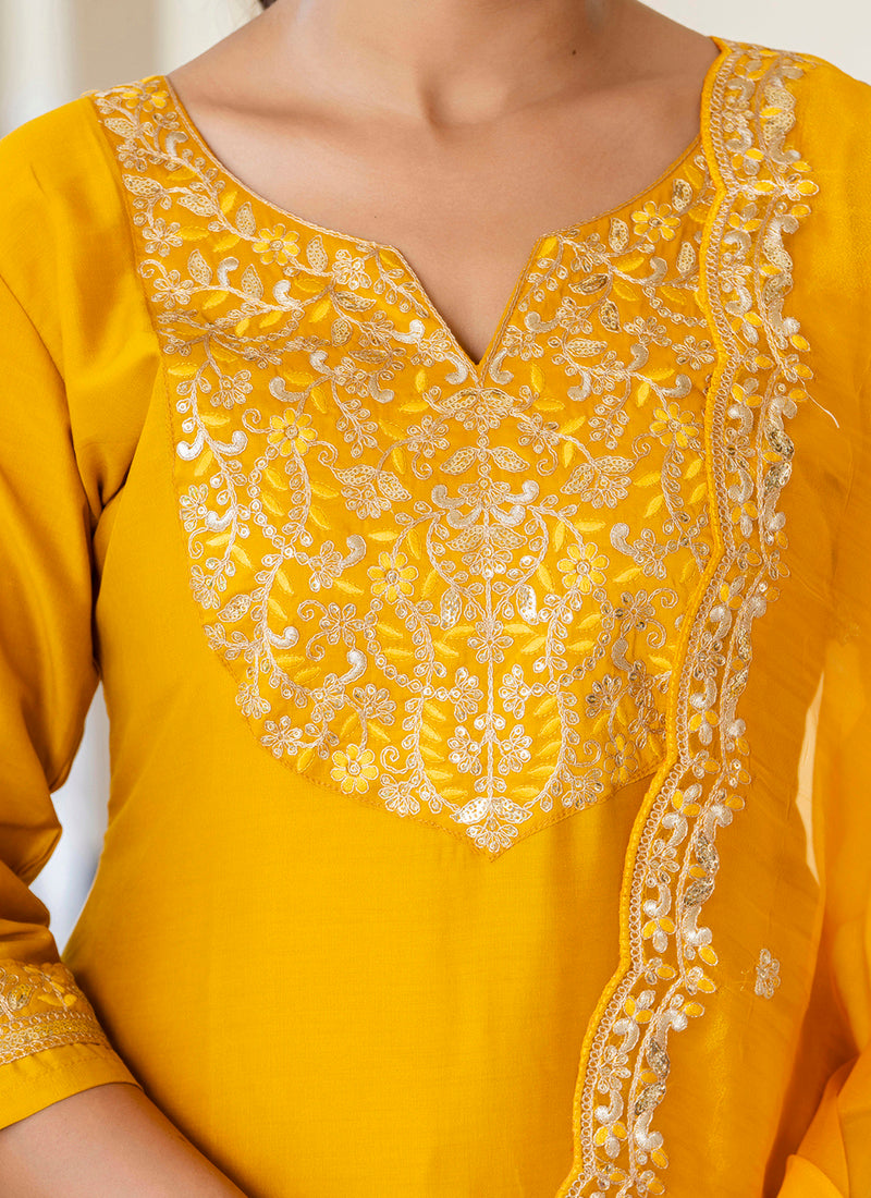 Silk Blend Mustard Casual Wear Embroidery Work Readymade Kurti Pant With Dupatta 384250