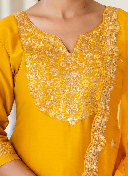 Silk Blend Mustard Casual Wear Embroidery Work Readymade Kurti Pant With Dupatta 384250