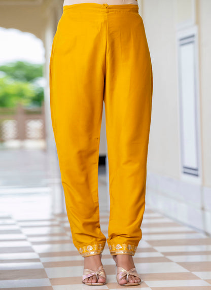 Silk Blend Mustard Casual Wear Embroidery Work Readymade Kurti Pant With Dupatta 384250