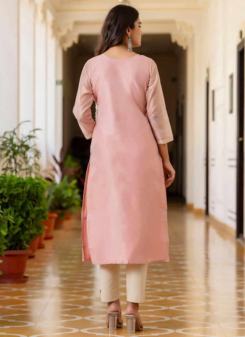 Shimmer Silk Baby Pink Casual Wear Embroidery Work Readymade Kurti 383387