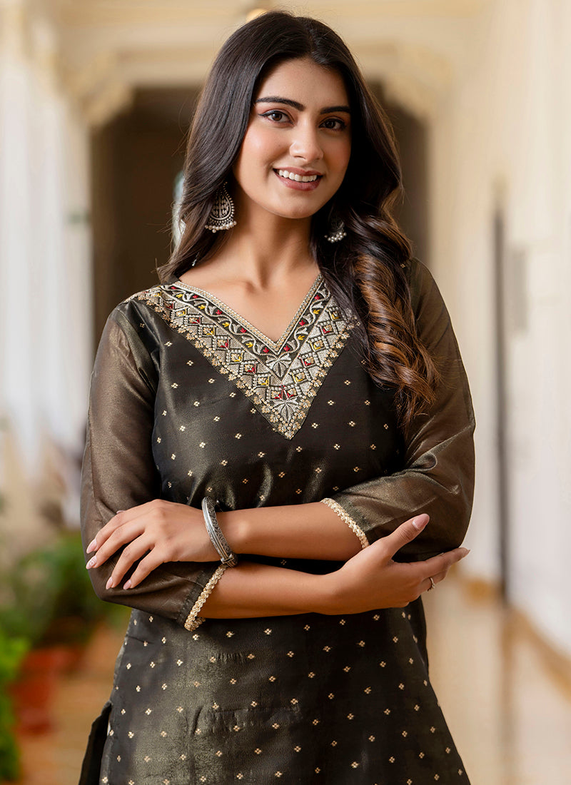 Shimmer Silk Black Casual Wear Embroidery Work Readymade Kurti 383388