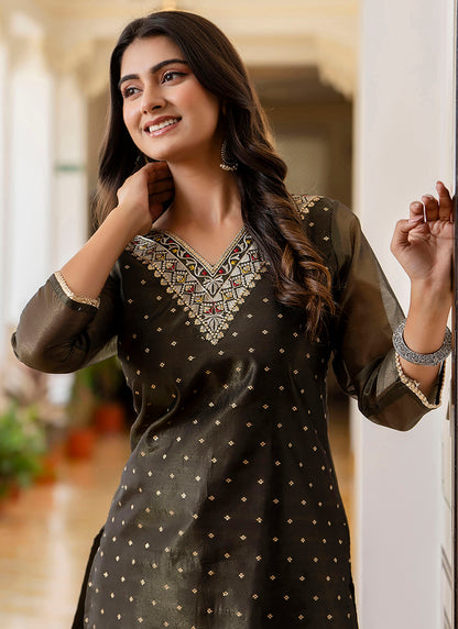 Shimmer Silk Black Casual Wear Embroidery Work Readymade Kurti 383388