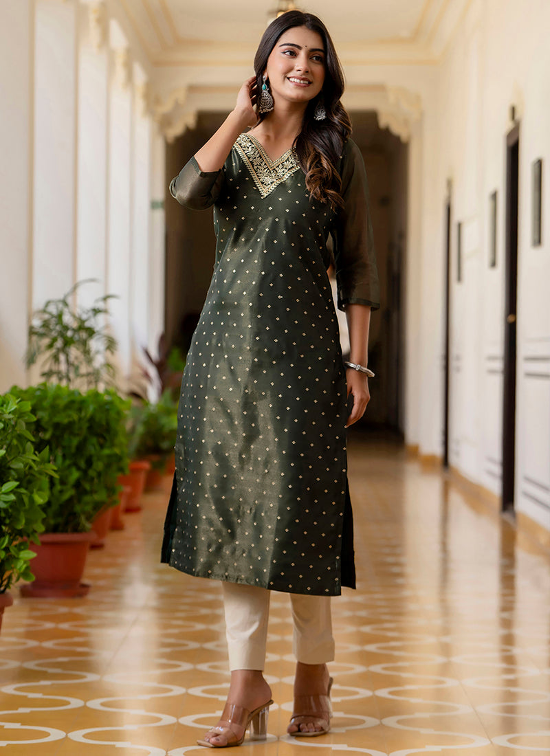 Shimmer Silk Bottle Green Casual Wear Embroidery Work Readymade Kurti 383389