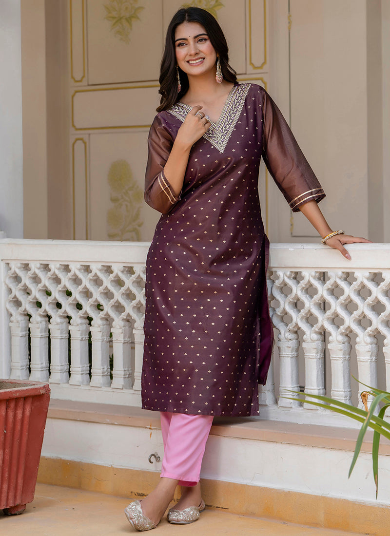 Shimmer Silk Purple Casual Wear Embroidery Work Readymade Kurti 383390