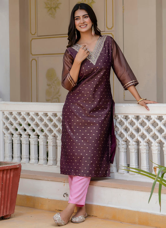 Shimmer Silk Purple Casual Wear Embroidery Work Readymade Kurti 383390