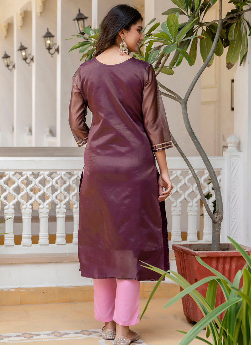Shimmer Silk Purple Casual Wear Embroidery Work Readymade Kurti 383390