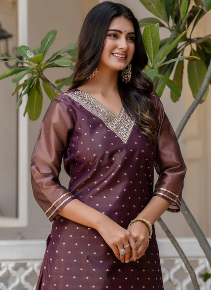 Shimmer Silk Purple Casual Wear Embroidery Work Readymade Kurti 383390