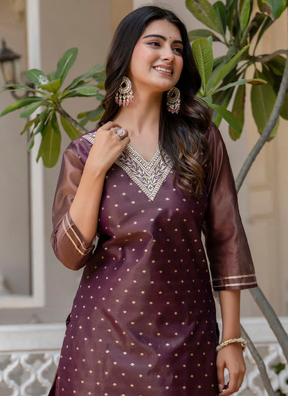 Shimmer Silk Purple Casual Wear Embroidery Work Readymade Kurti 383390