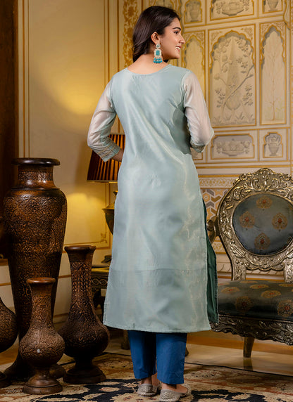 Shimmer Silk Sky Blue Casual Wear Embroidery Work Readymade Kurti 383391