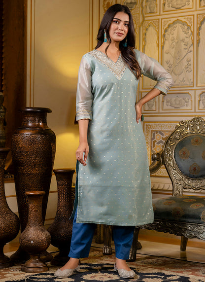 Shimmer Silk Sky Blue Casual Wear Embroidery Work Readymade Kurti 383391