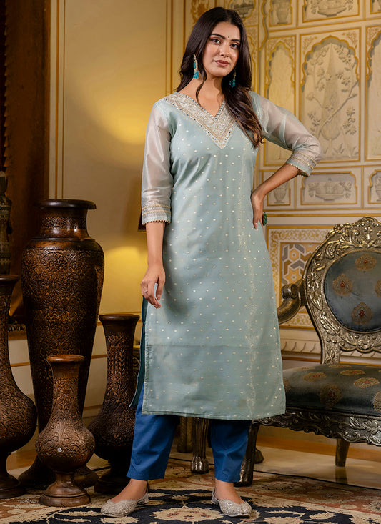Shimmer Silk Sky Blue Casual Wear Embroidery Work Readymade Kurti 383391