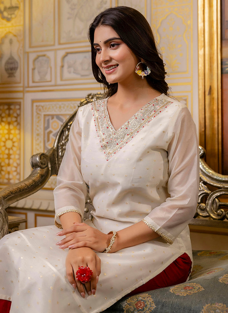 Shimmer Silk White Casual Wear Embroidery Work Readymade Kurti 383392