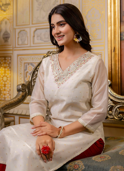 Shimmer Silk White Casual Wear Embroidery Work Readymade Kurti 383392