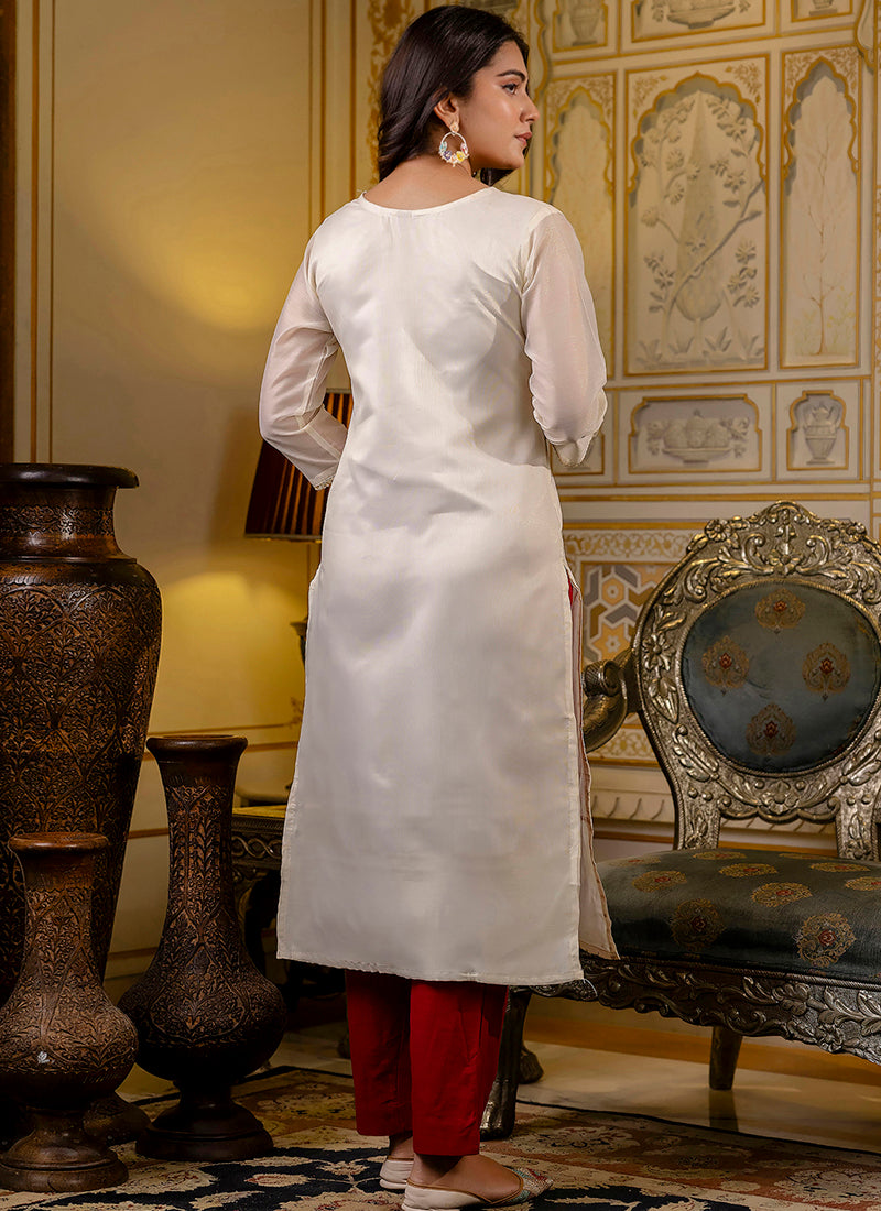 Shimmer Silk White Casual Wear Embroidery Work Readymade Kurti 383392