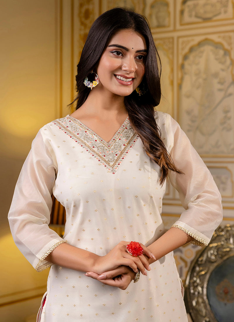 Shimmer Silk White Casual Wear Embroidery Work Readymade Kurti 383392