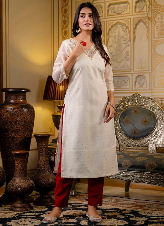 Shimmer Silk White Casual Wear Embroidery Work Readymade Kurti 383392