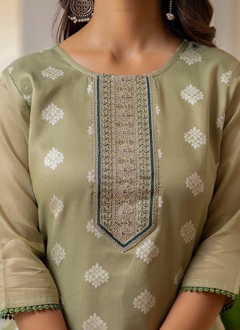 Shimmer Silk Sage Green Casual Wear Embroidery Work Readymade Kurti 383398