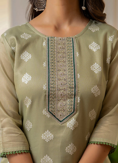 Shimmer Silk Sage Green Casual Wear Embroidery Work Readymade Kurti 383398