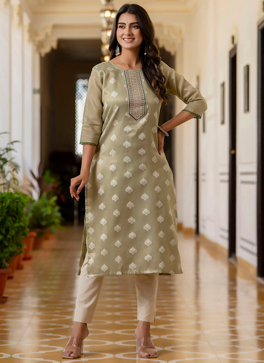 Shimmer Silk Sage Green Casual Wear Embroidery Work Readymade Kurti 383398