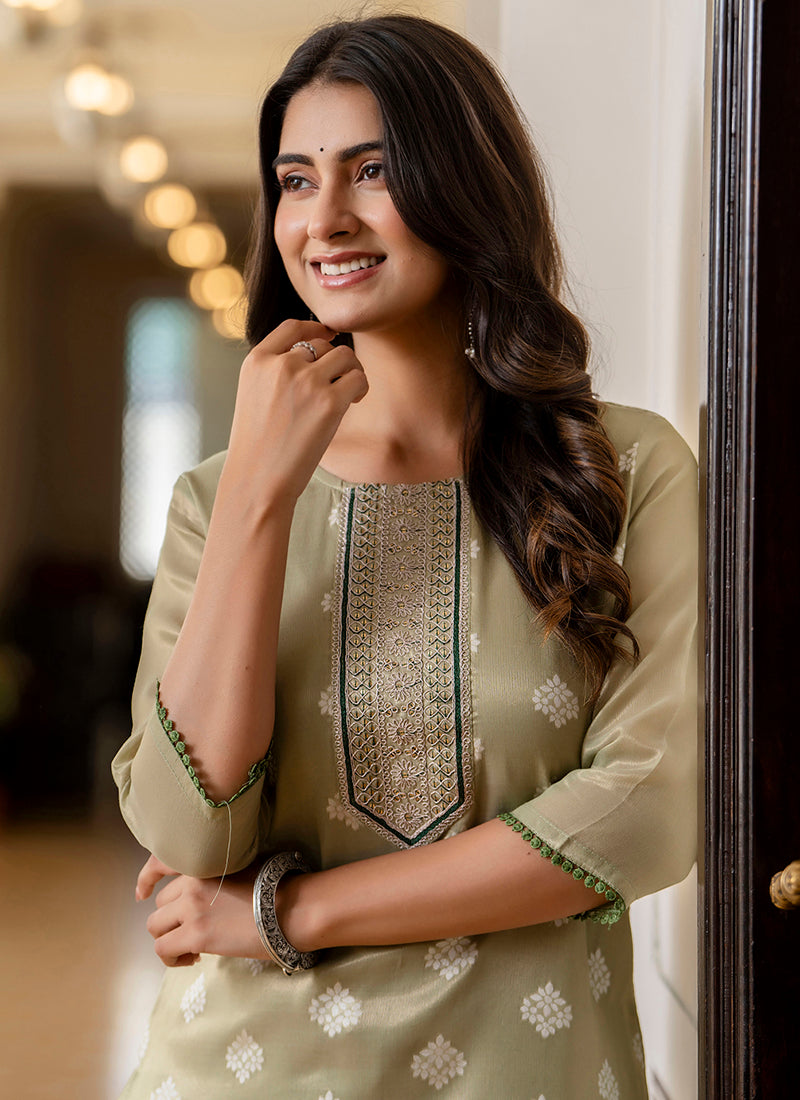 Shimmer Silk Sage Green Casual Wear Embroidery Work Readymade Kurti 383398