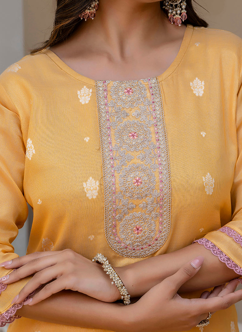 Shimmer Silk Mustard Casual Wear Embroidery Work Readymade Kurti 383400
