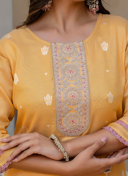 Shimmer Silk Mustard Casual Wear Embroidery Work Readymade Kurti 383400