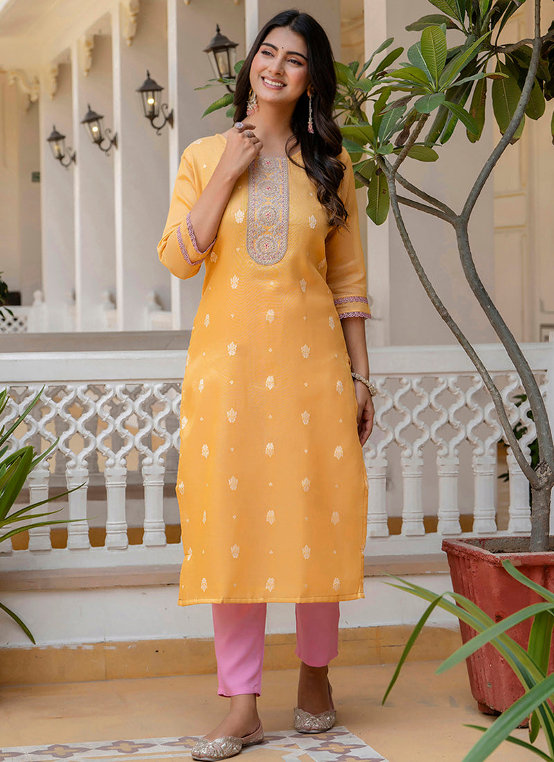 Shimmer Silk Mustard Casual Wear Embroidery Work Readymade Kurti 383400