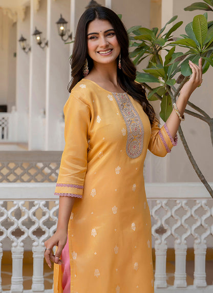 Shimmer Silk Mustard Casual Wear Embroidery Work Readymade Kurti 383400