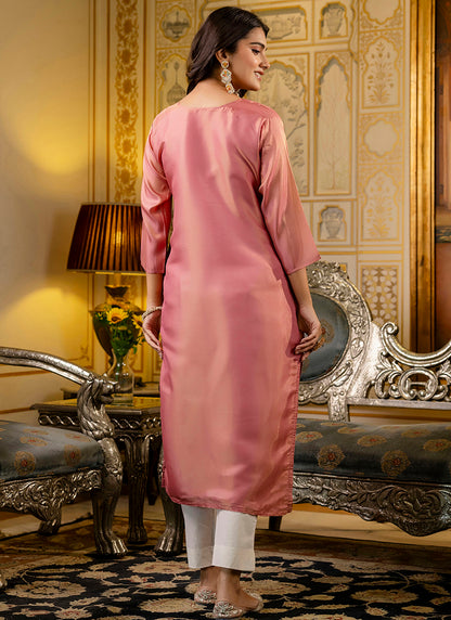 Shimmer Silk Baby Pink Casual Wear Embroidery Work Readymade Kurti 383437